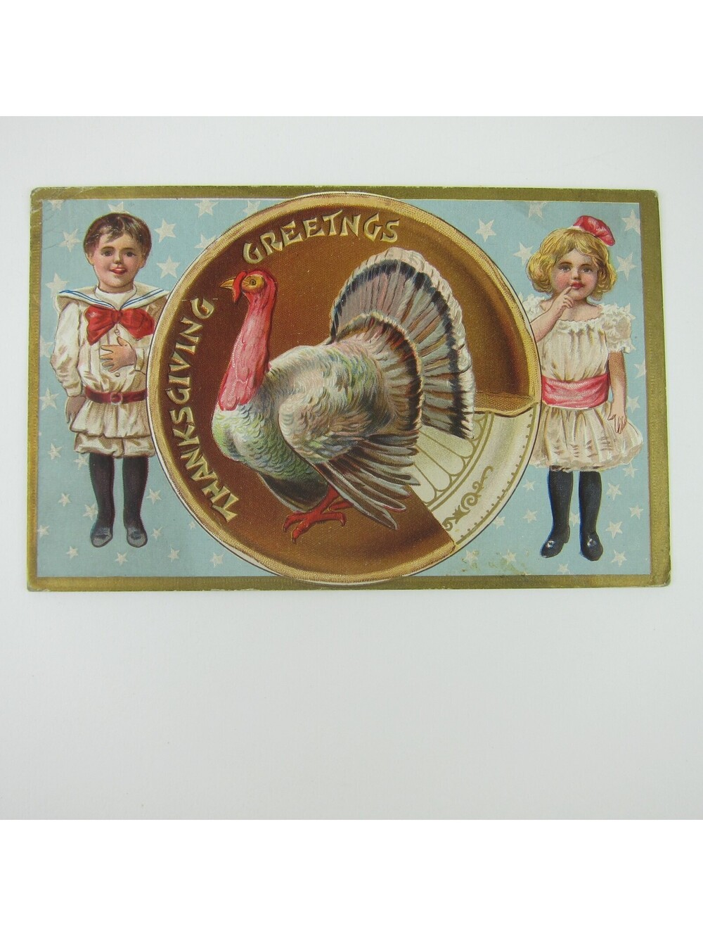 Thanksgiving Postcard Wild Turkey Boy Sailor Suit & Girl Embossed Antique 1909